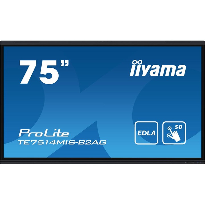 Интерактивна бяла дъска iiyama ProLite 75" TE7514MIS-B2AG, 4K UHD 3840 x 2160, 50 точки, HDMI x4, DisplayPort, USB-C x2, 8GB RAM, 64GB Flash, iiWare 12E Черен