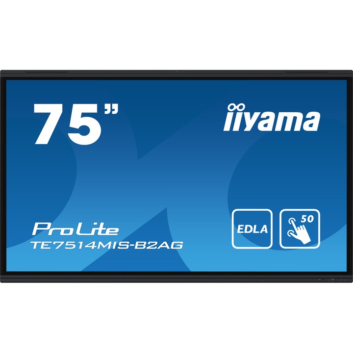 Tabla interactiva iiyama ProLite 75" TE7514MIS-B2AG, 4K UHD 3840 x 2160, 50 puncte, HDMI x4, DisplayPort, USB-C x2, 8GB RAM, 64GB Flash, iiWare 12E Negru