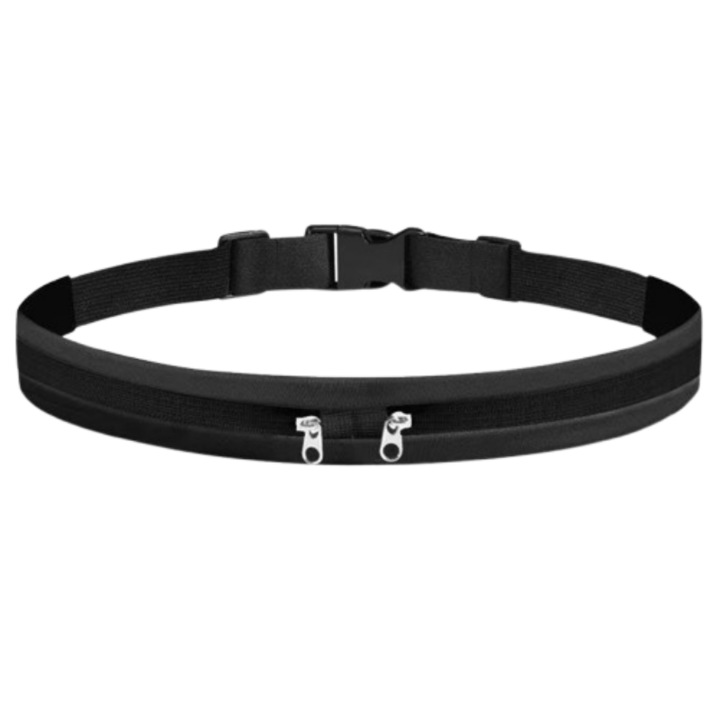 Sporttáska, futáshoz láthatatlan táska, vékony kialakítású, rugalmas anyagú, fekete szín, állítható méretek