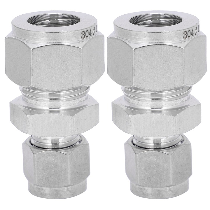 2 db. Kompressziós csőadapter, dupla hüvelyű, rozsdamentes acél egyenes csatlakozó