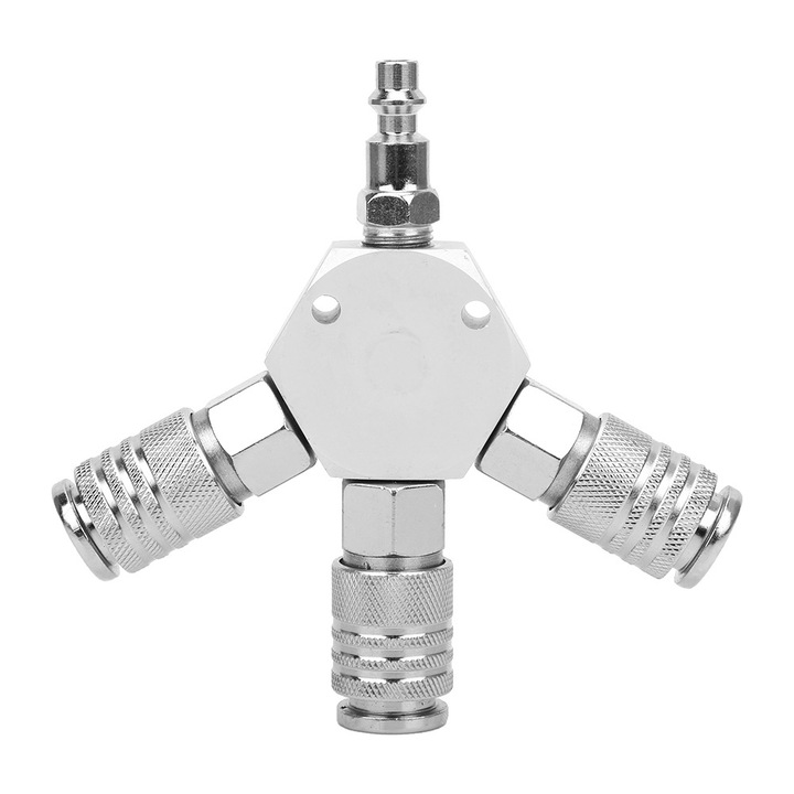 Distribuitor de aer cu 3 cai, Enforose, 1/4 inch NPT, din otel nichelat, cuplaje rapide