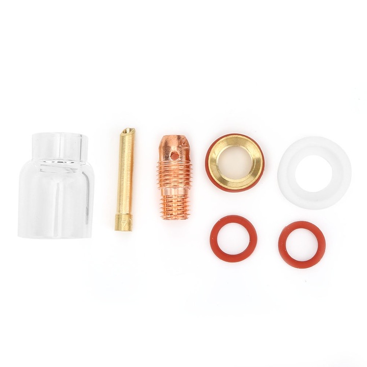 Set Accesorii Sudura Enforose TIG-9/20, 3 Colleturi pentru Pin Tungsten, Inel Silicon Alb, Cupa Sticla, Rasina Cauciuc