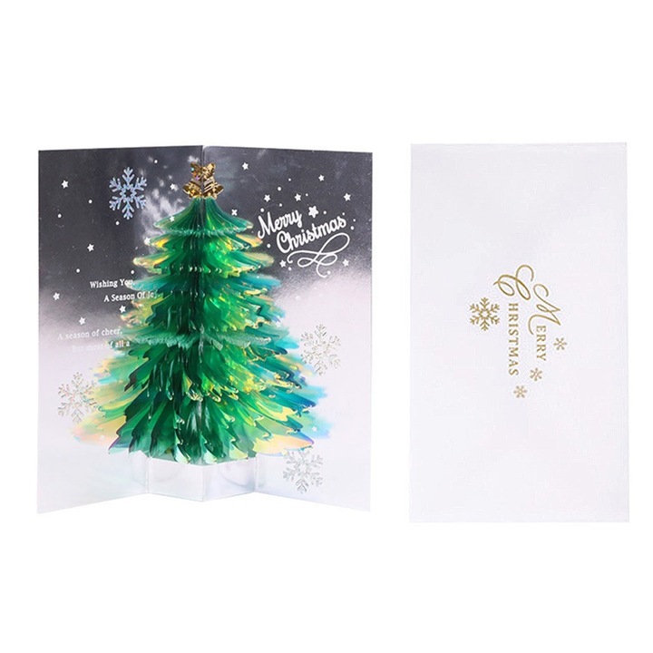 Картичка, Huitrax, изскачаща, коледна, 3D блестяща коледна елха, 11x19,5 см, зелена, комплект с плик