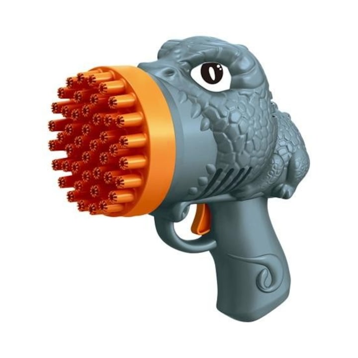 Pistol de facut baloane cu sapun Mixbo, 44 orificii, cu rezervor, solutie, Dinozaur, plastic, gri
