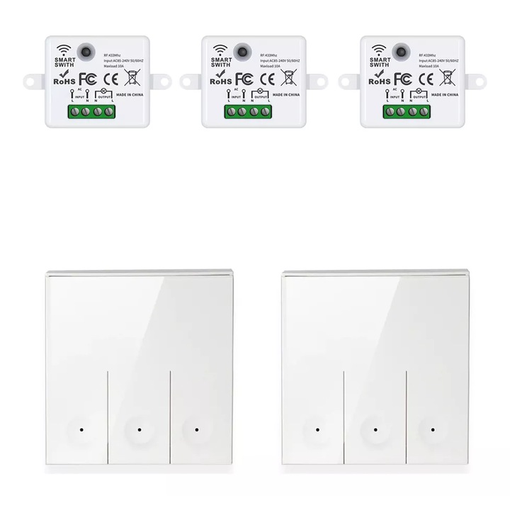 433MHz vezeték nélküli kapcsolókészlet, 3 vevő + 2 kapcsoló, 10A, ABS, távirányító, lámpákhoz és ventilátorokhoz