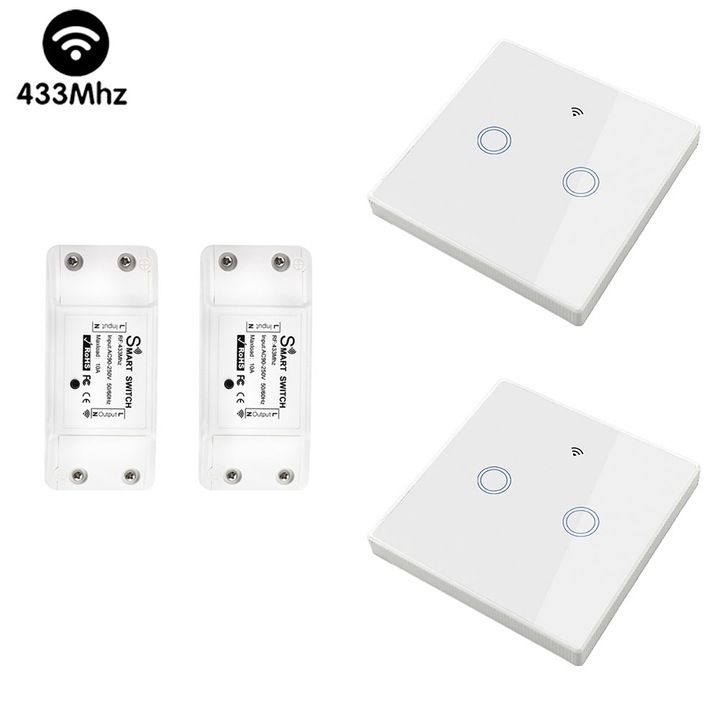 433MHz vezeték nélküli kapcsoló szett, 2 vevő + 2 fali kapcsoló, 85-250V, 10A, üveglap, világításhoz és ventilátorokhoz