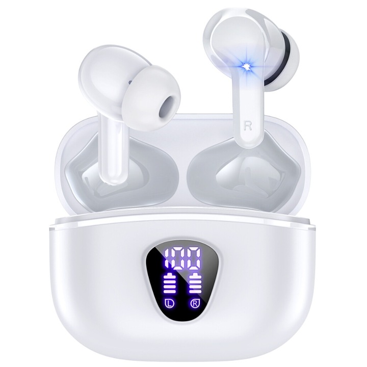 Безжични Bluetooth слушалки Techbasics® UltraBeats, аудио, шумопотискане, безжични, Bluetooth 5.3, цифров дисплей, 42 часа автономност, двоен HD микрофон, сензорно управление, водоустойчиви, спортни, гласов асистент, универсална съвместимост, бели