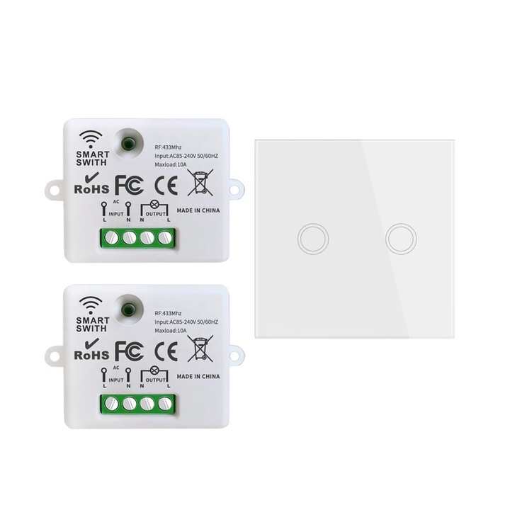 Vezeték nélküli kapcsoló 433MHz, Generic, 2 vevő + 1 fali kapcsoló, vízálló, 10A, AC 85-240V