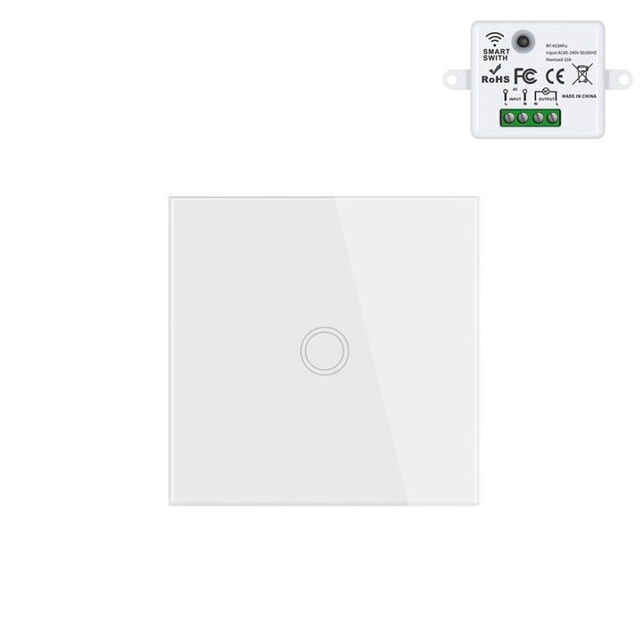 Vezeték nélküli kapcsoló 433MHz, Generic, 10A, üveglap, készlet vevővel és fali kapcsolóval