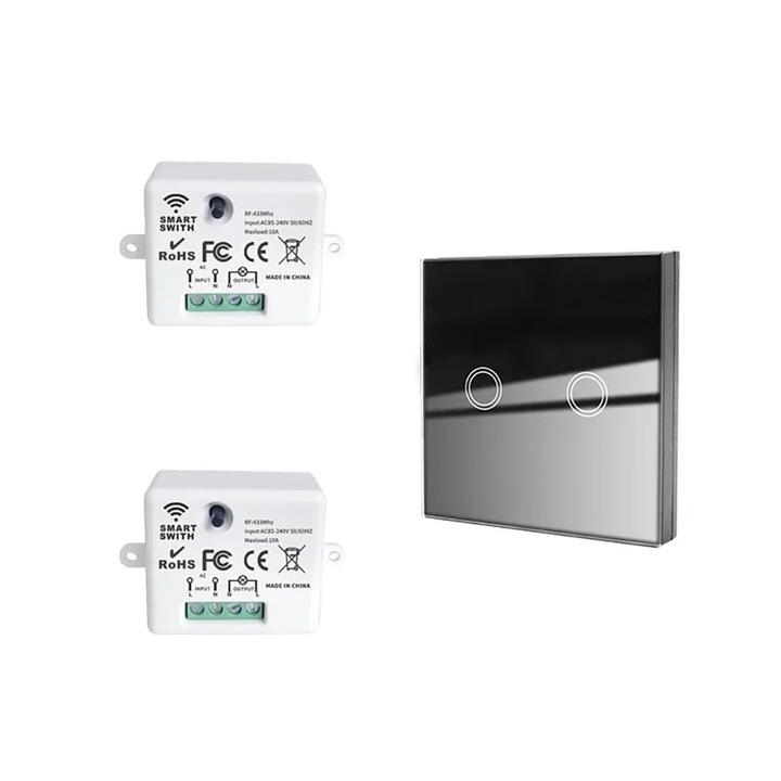 Vezeték nélküli kapcsoló 433MHz, Generic, 2 vevő + 1 fali kapcsoló, 10A, 85-250V, üveg, vízálló