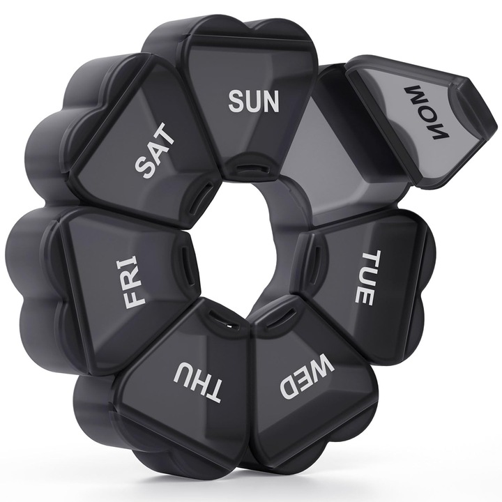 Organizator de pastile saptamanal, KAPENS, capacitate mare, 7 compartimente, negru