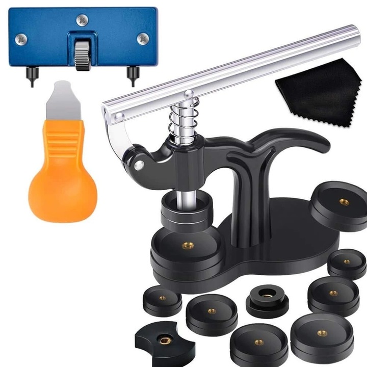 Set unelte pentru ceasuri, Ouyifan, 16 piese, inclusiv 12 capete de presare, dimensiuni variate, culoare neagra