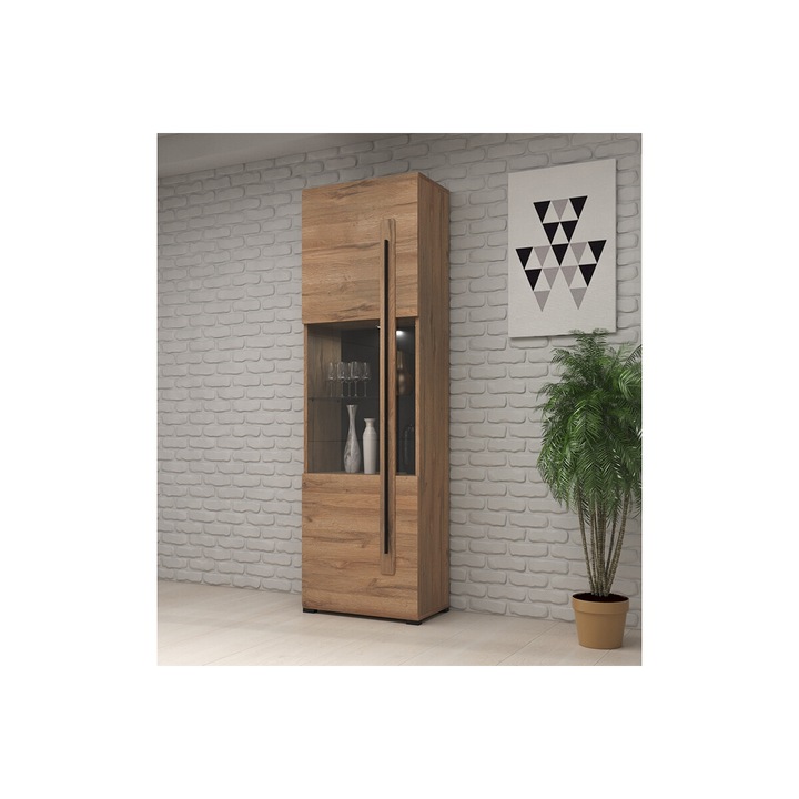 Vitrina, Bogart, Tulsa 05, 60 x 204 x 39 cm, Cu 3 Rafturi, Cu 1 Usi, PAL/Sticla, Stejar