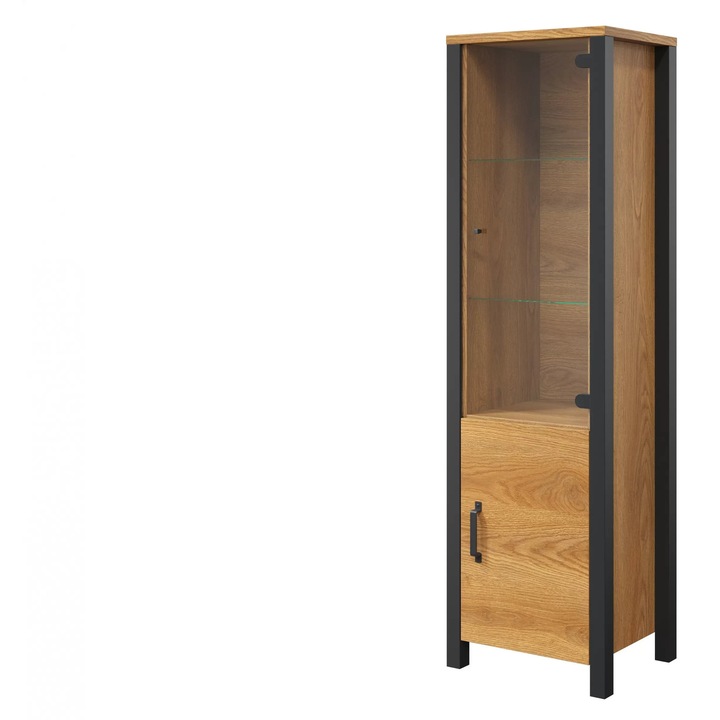 Vitrina, Helvetia, Olin 05, 56 x 191 x 43 cm, Cu 2 Usi, Cu 4 Rafturi, Aspect mat, PAL/Sticla/HDF, Stejar/Negru