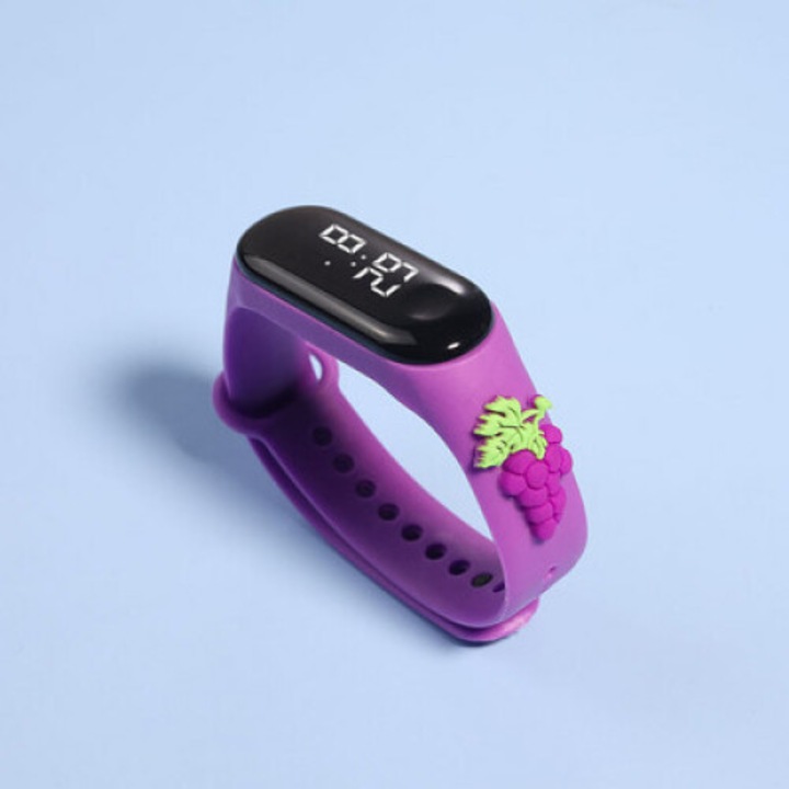 Ceas digital copii, Waterproof, Strugure, afisaj ora data si secunde, curea reglabila silicon, mov