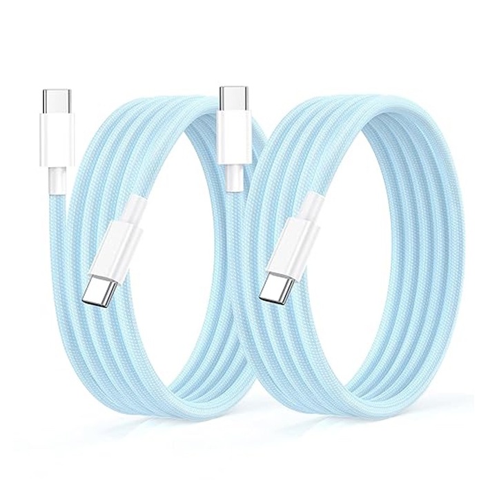 Комплект от 2 кабела за данни и бързо зареждане PD 60W, NAXSIR, USB Type-C към USB Type-C, дължина 2 м, плетен, син