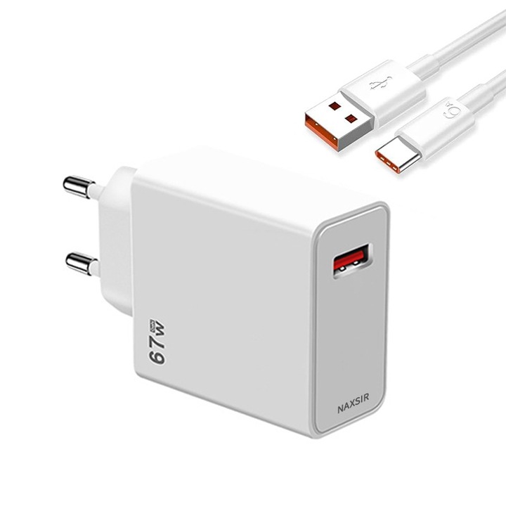 USB Type C Cable Charger Set, Fast Charge 67W, 20V 6A, дължина 1 m, NAXSIR, Бял