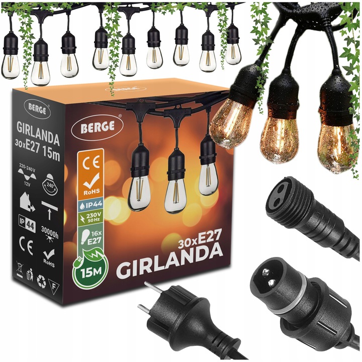 Kültéri füzér, Berge, LED, fekete, lineáris, 31x1W, 15m