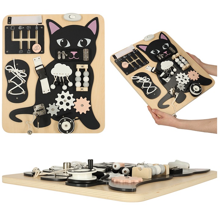Монтесори сензорна дъска, дървена, "LikeSmart Busy Board CAT", Множество дейности, 40 x 35 cm