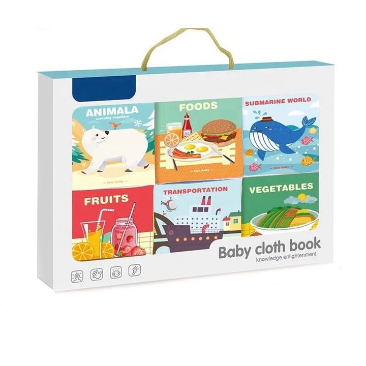 Set cu 6 carti senzoriale textile pentru bebelusi, cu animale, animale marine, mijloace de transport, legume, fructe, alimente, 0 luni +