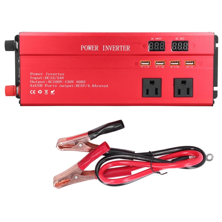 Jormftte 900 W-os autós inverter, 2000 W csúcsteljesítmény, 3 hálózati aljzat, 4 USB port, alumíniumötvözet ház