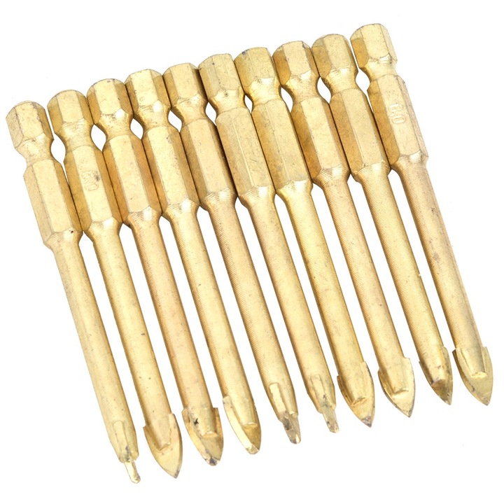 Set 10 bucati burghie carbide hexagonale 6mm varf triunghiular pentru ceramica, sticla, lemn