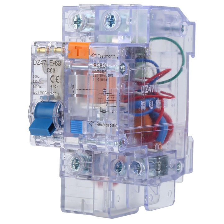 Átlátszó háztartási megszakító DZ47LE63 1P+N C63 földzárlat-megszakító