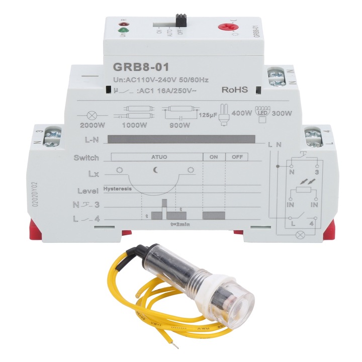 Releu de control al luminii Enforose, AC 110V-240V, 16A, IP20, instalare pe sina de 35mm