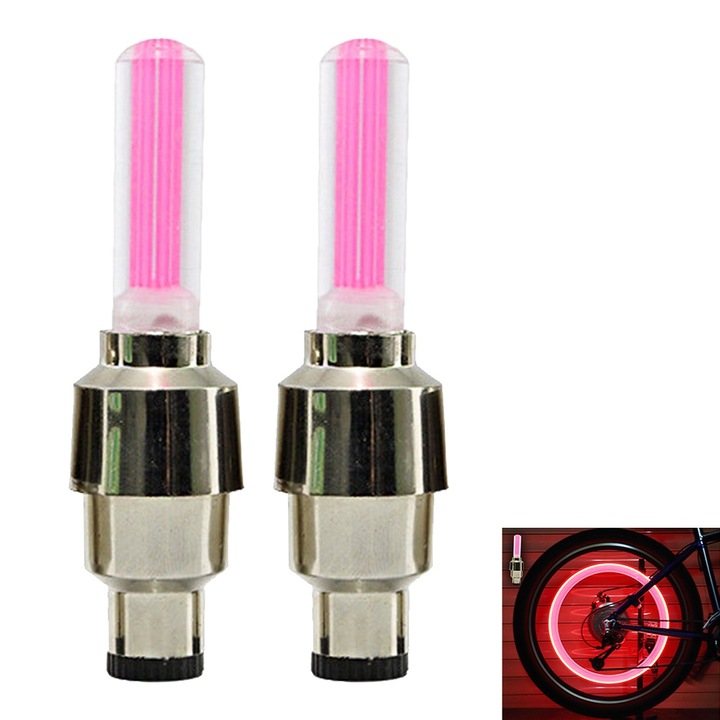 Set 2 Lumini LED pentru Roti Bicicleta, Roz, 6.3x1.8x1.8cm