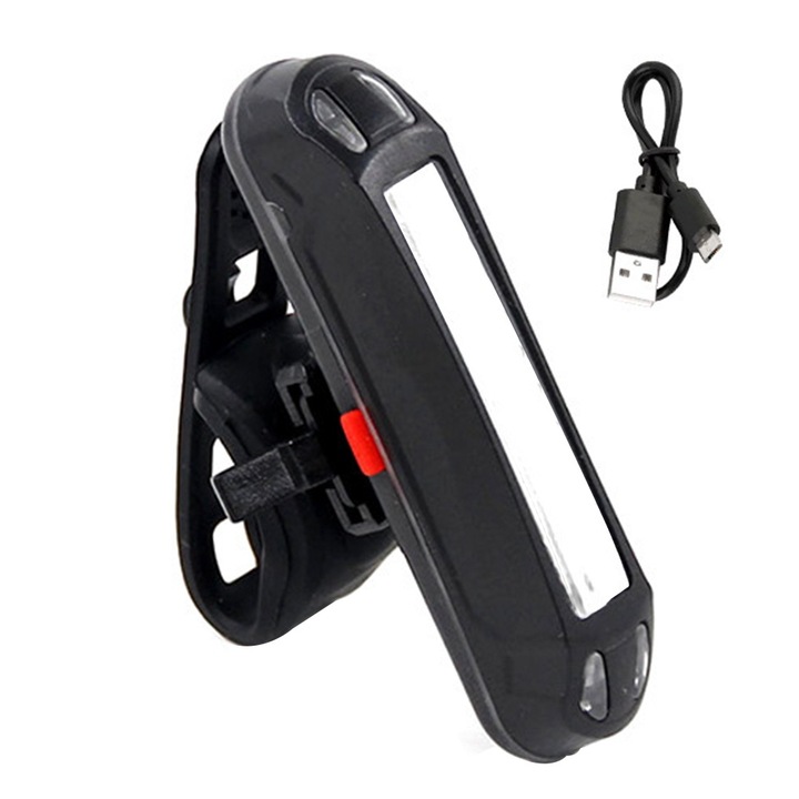 Kerékpár hátsó lámpa, USB újratölthető, ultra fényes, vízálló, 5 mód, fehér, 8x2x1,5cm