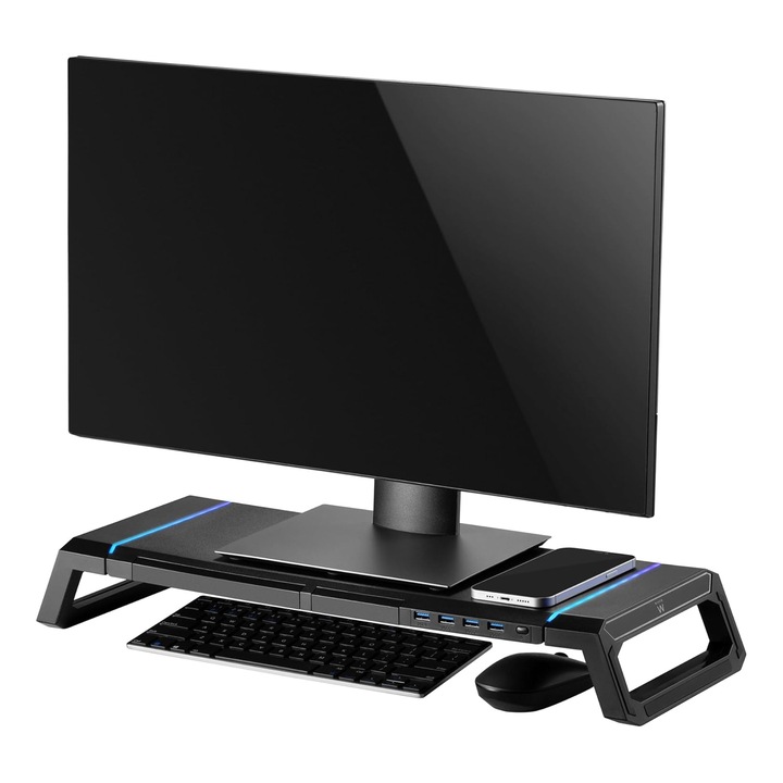Suport monitor, JFYU, Suport pentru Laptop, cu 4 porturi USB 2.0, Iluminare RGB, 9 Efecte Reglabile, Suport Telefon, Compartiment Depozitare, Universal, Ajustabil, Pliabil, Constructie Robusta, Potrivit Gamming, Acasa si Birou, Negru