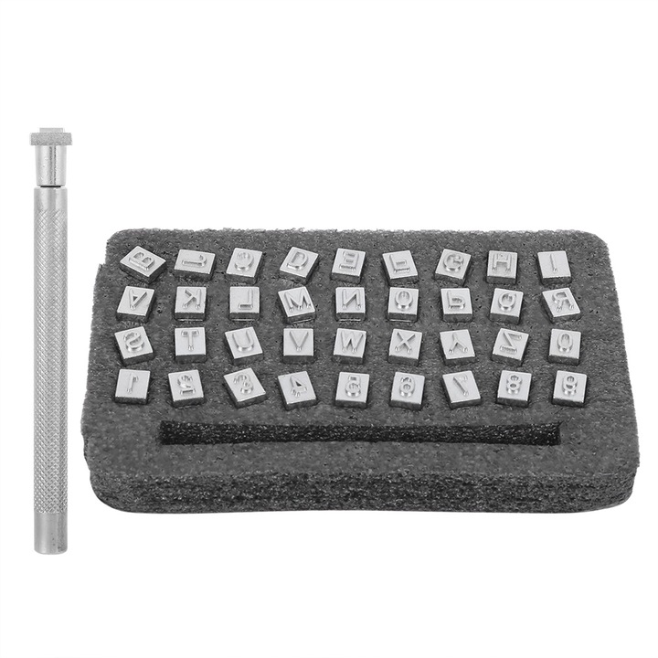 Set de 36 de piese pentru sculptura in piele cu alfabet, accesoriu DIY, kit portabil de imprimare manuala, litere negre din otel inoxidabil Enforose