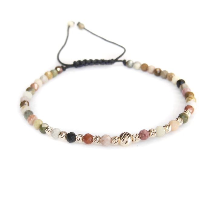 Bratara reglabila cu pietre semipretioase Agat, 10 bile aur 14k de 2.5 mm si una de 4 mm