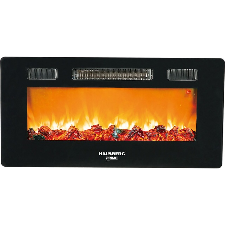 Електрическа камина Hausberg HB-8225, Стенна, 1800W, Дистанционно управление, 3 работни нива, Турбовентилатор, Оранжев ел. пламък, Регулируем термостат, Желязо + стъкло