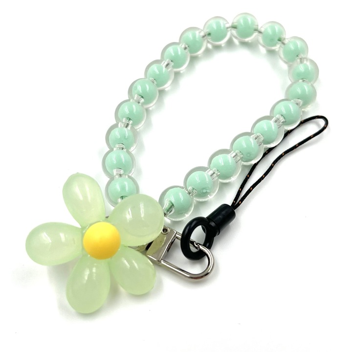 Snur telefon, tip bratara, 2 tipuri de prindere, Perle colorate si floare, Verde