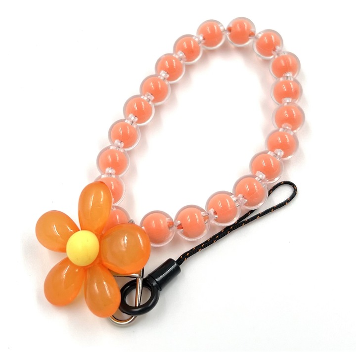 Snur telefon tip bratara, 2 tipuri de prindere, cu Perle colorare si floare, Portocaliu