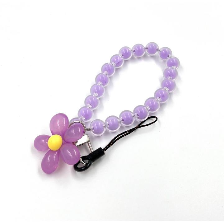 Snur telefon, model Perle colorare, cu floare, Mov