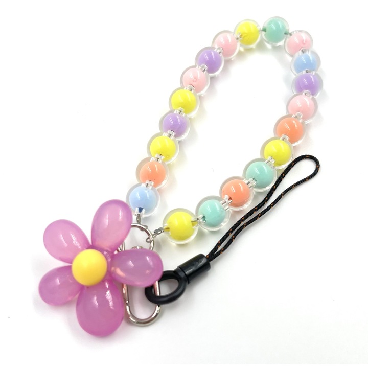 Snur telefon tip bratara, model elegant cu perle si floare, Multicolor