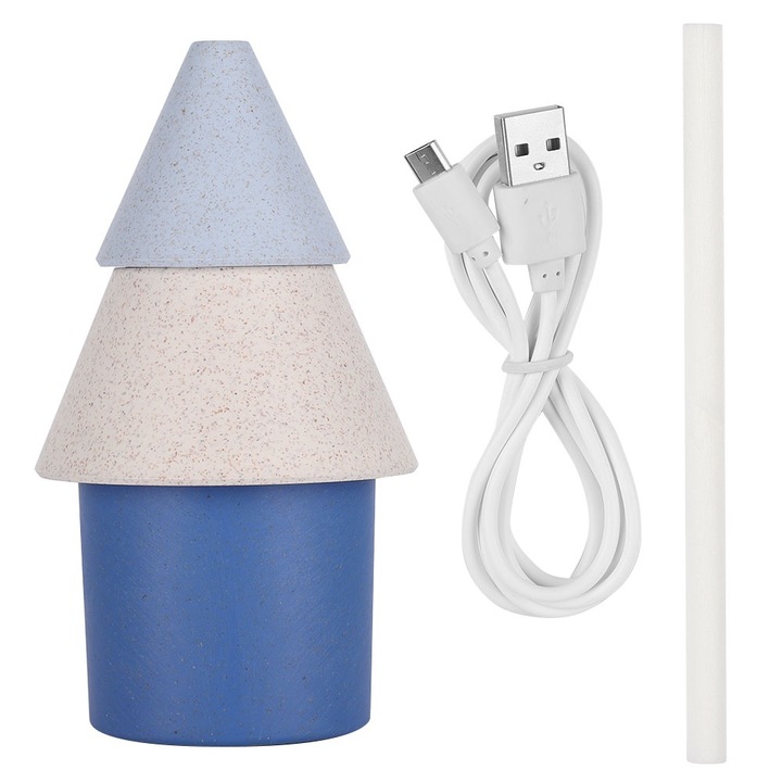 USB asztali párásító 256ml, fenyőfa alakú, kék, nagy kapacitású, intelligens védelmi funkcióval