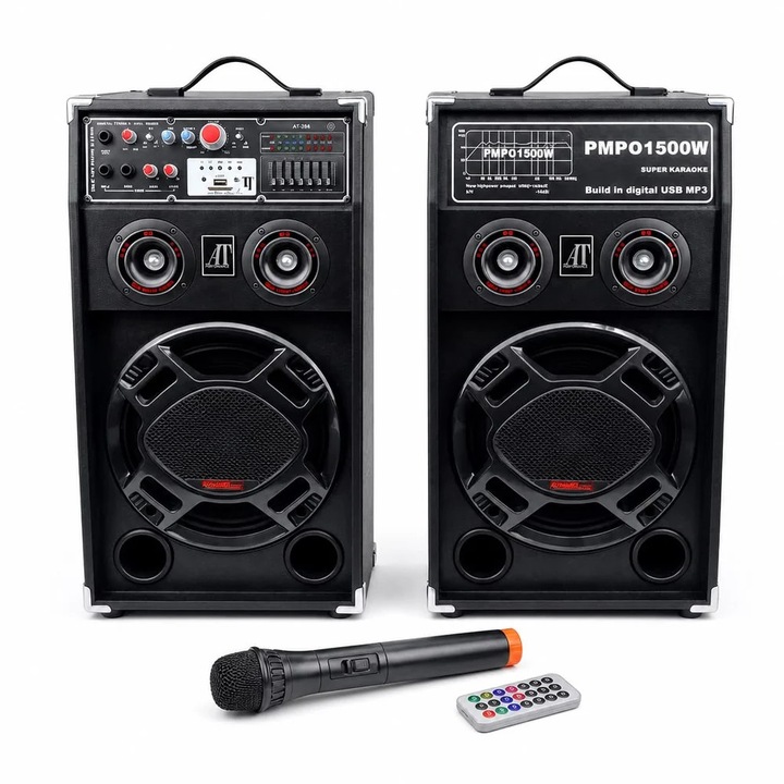 Set 2 Boxe Multimedia Active AT Performance AT-284, 1500W PMPO,12 Inch, Bluetooth, USB, AUX, Karaoke