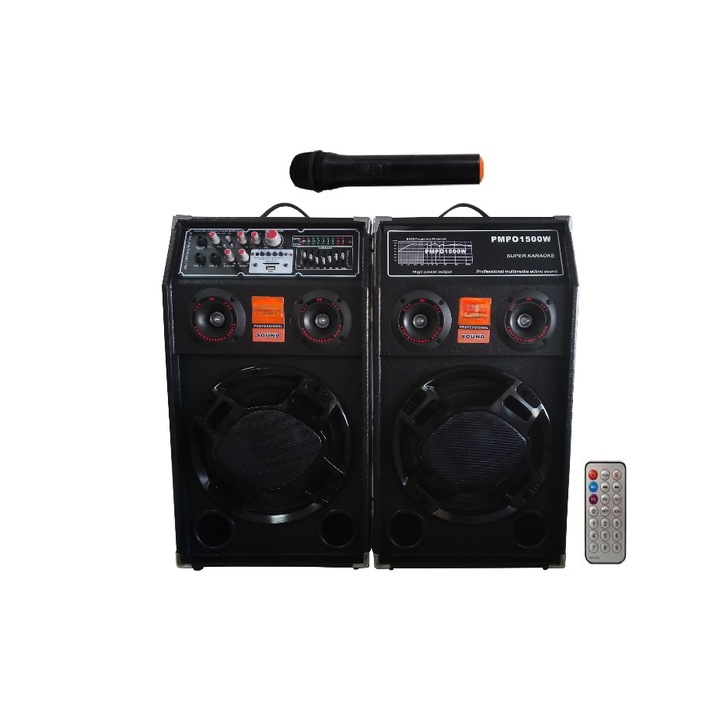 2 db Active Smart Bass Professzionális hangszóró készlet 284, 600 W, Bluetooth funkció, SD kártya, USB, könnyű játékok, erősítő és hangszínszabályzó, vezeték nélküli mikrofon + távirányító