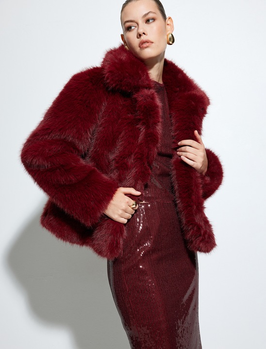 KOTON, Palton uni de blana sintetica, Rosu inchis, 2XS