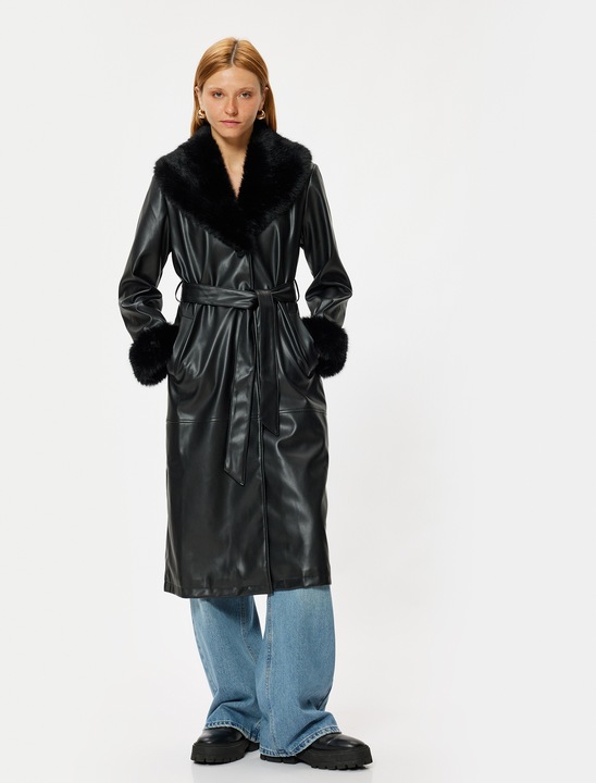 KOTON, Palton de piele ecologica cu blana sintetica, Negru, 2XS