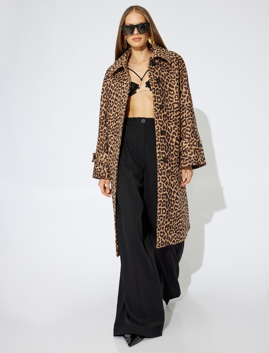 KOTON, Palton cu animal print si maneci raglan, Maro camel, XS