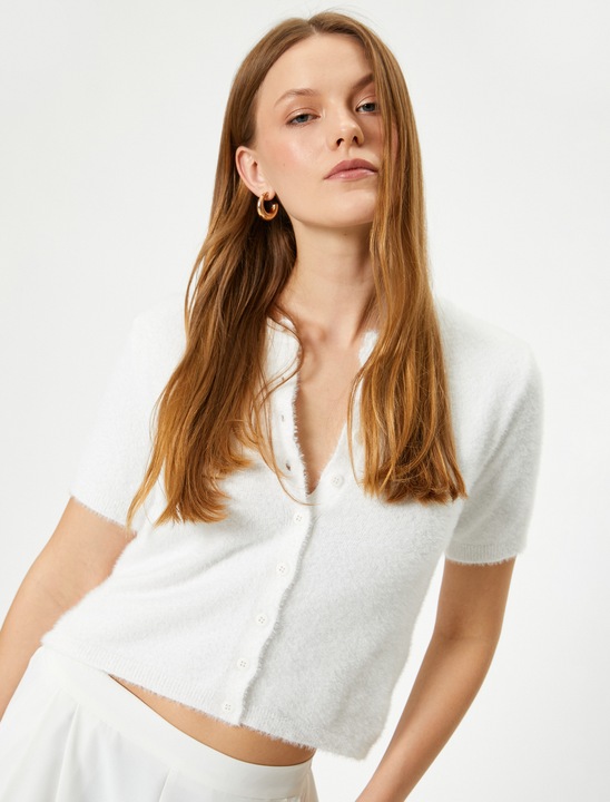 KOTON, Cardigan pufos cu nasturi, Alb fildes, L