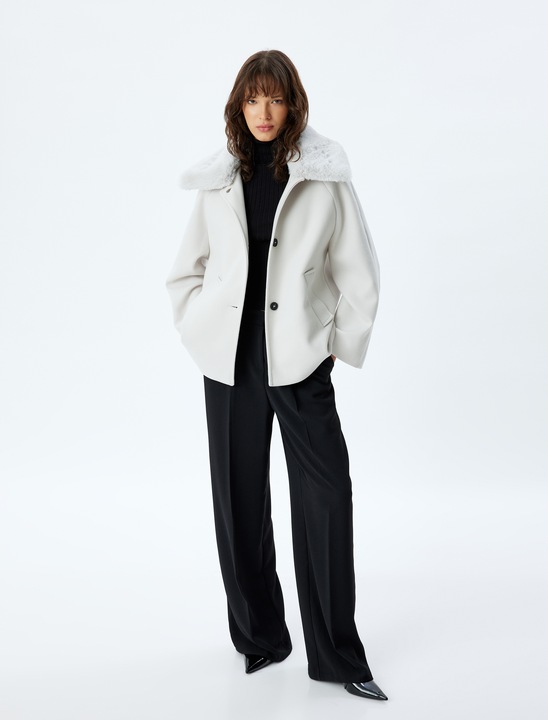 KOTON, Palton supradimensionat cu guler de blana sintetica, Gri, 2XS