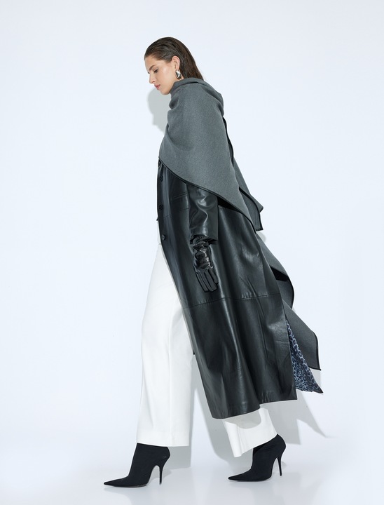 KOTON, Trenci lung din piele ecologica, Negru, 2XS