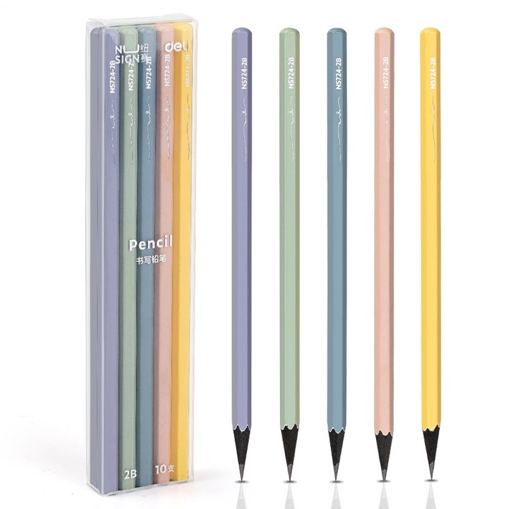 Set 10 creioane din lemn negru 2B pentru desen si schita