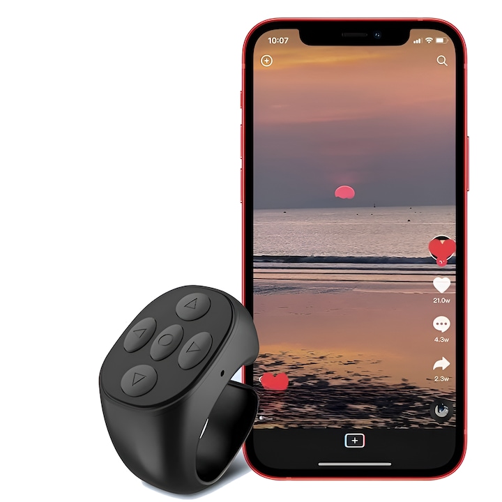 Inel Telecomanda Smart cu Control Wireless, Raza 10 Metri, Conexiune Bluetooth 5.3, Autonomie 48H, Compatibil Android/IoS TikTok/YouTube, Butoane Multifunctionale Fotografii, Control Volum, Like, Scroll, Pentru Tableta/Telefon, MBA SHOP, Negru