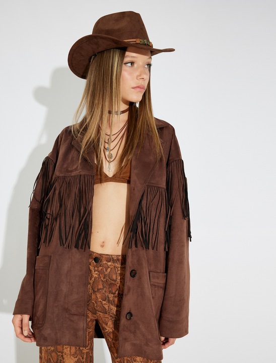 KOTON, Jacheta cu franjuri si nasturi, Maro, 2XS